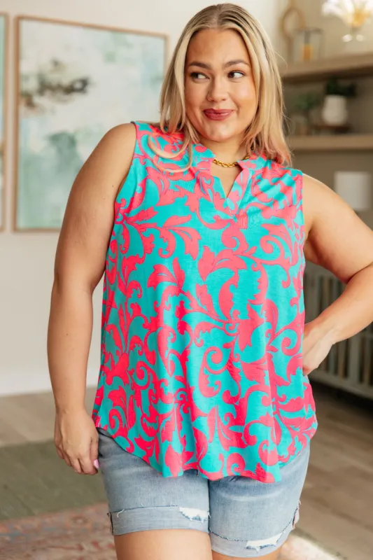 Lizzy Tank Top in Aqua and Pink Filigree sold by Charming Charlie
