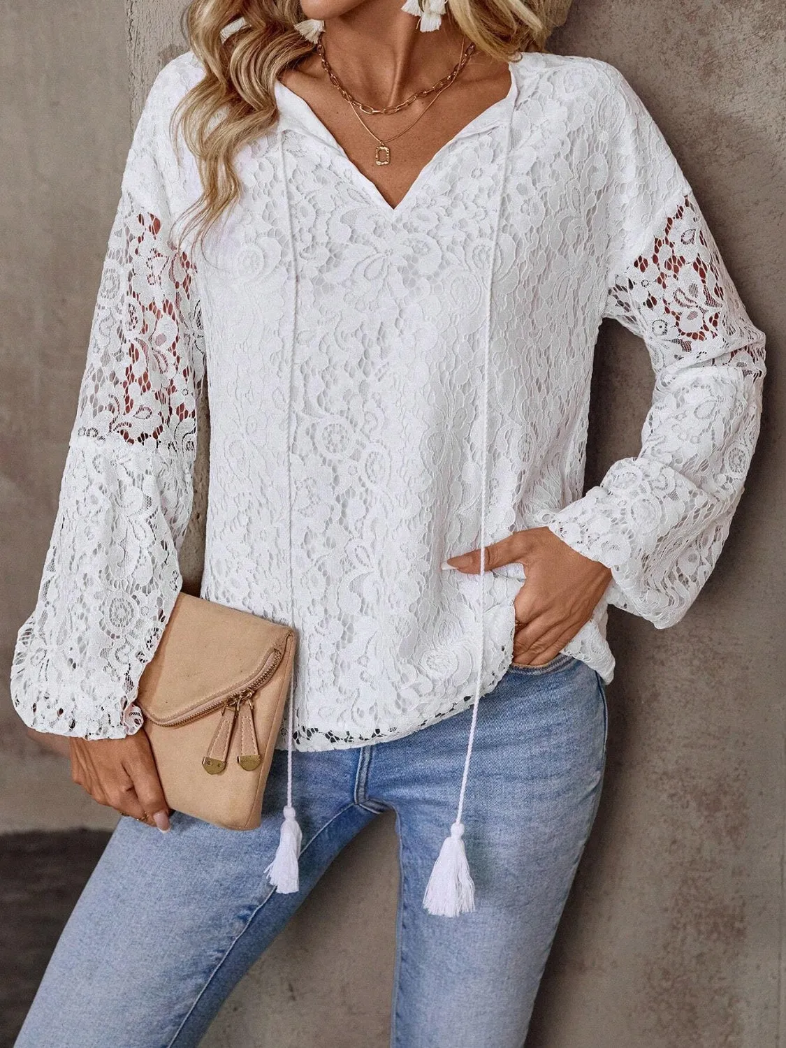 Lace Tie Neck Long Sleeve Blouse sold by Charming Charlie