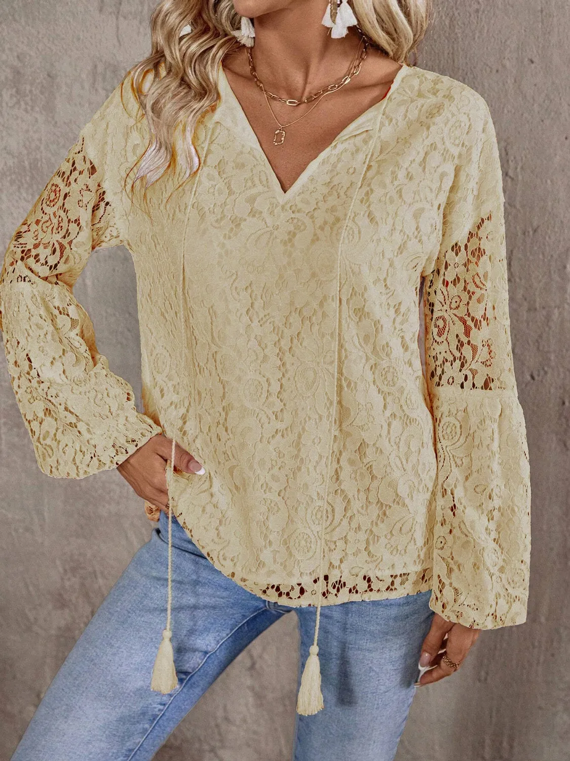 Lace Tie Neck Long Sleeve Blouse sold by Charming Charlie product image thumbnail 5