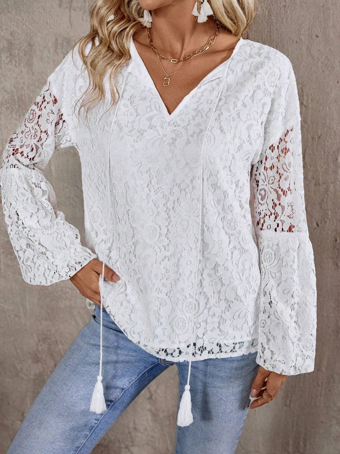 Lace Tie Neck Long Sleeve Blouse sold by Charming Charlie product image thumbnail 2