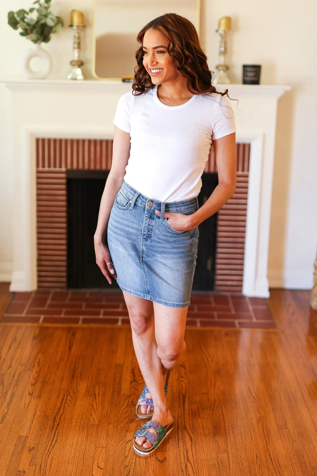 Judy Blue Medium Wash High Rise Tummy Control Denim Skirt sold by Charming Charlie product image thumbnail 5