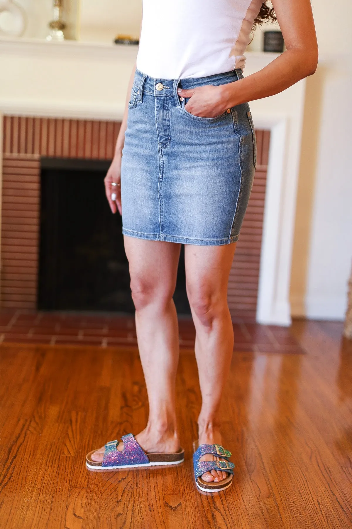 Judy Blue Medium Wash High Rise Tummy Control Denim Skirt sold by Charming Charlie product image thumbnail 4