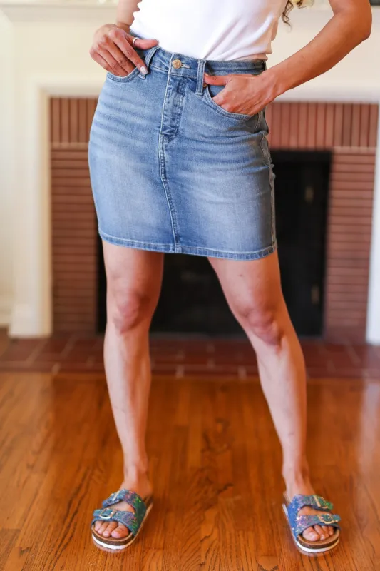 Judy Blue Medium Wash High Rise Tummy Control Denim Skirt sold by Charming Charlie