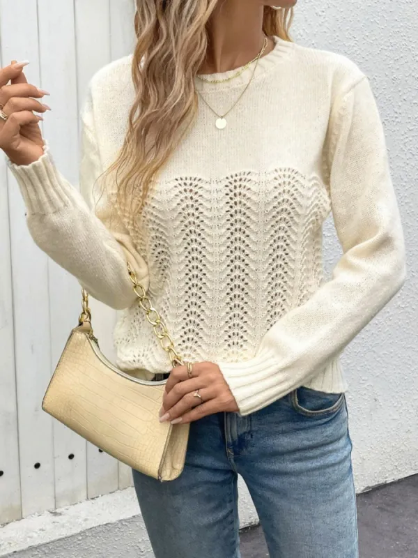 Openwork Round Neck Long Sleeve Sweater sold by Charming Charlie