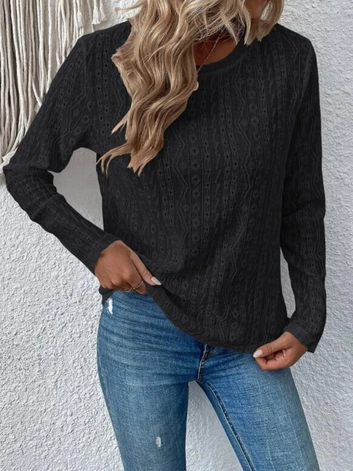 Eyelet Round Neck Long Sleeve Blouse sold by Charming Charlie product image thumbnail 5
