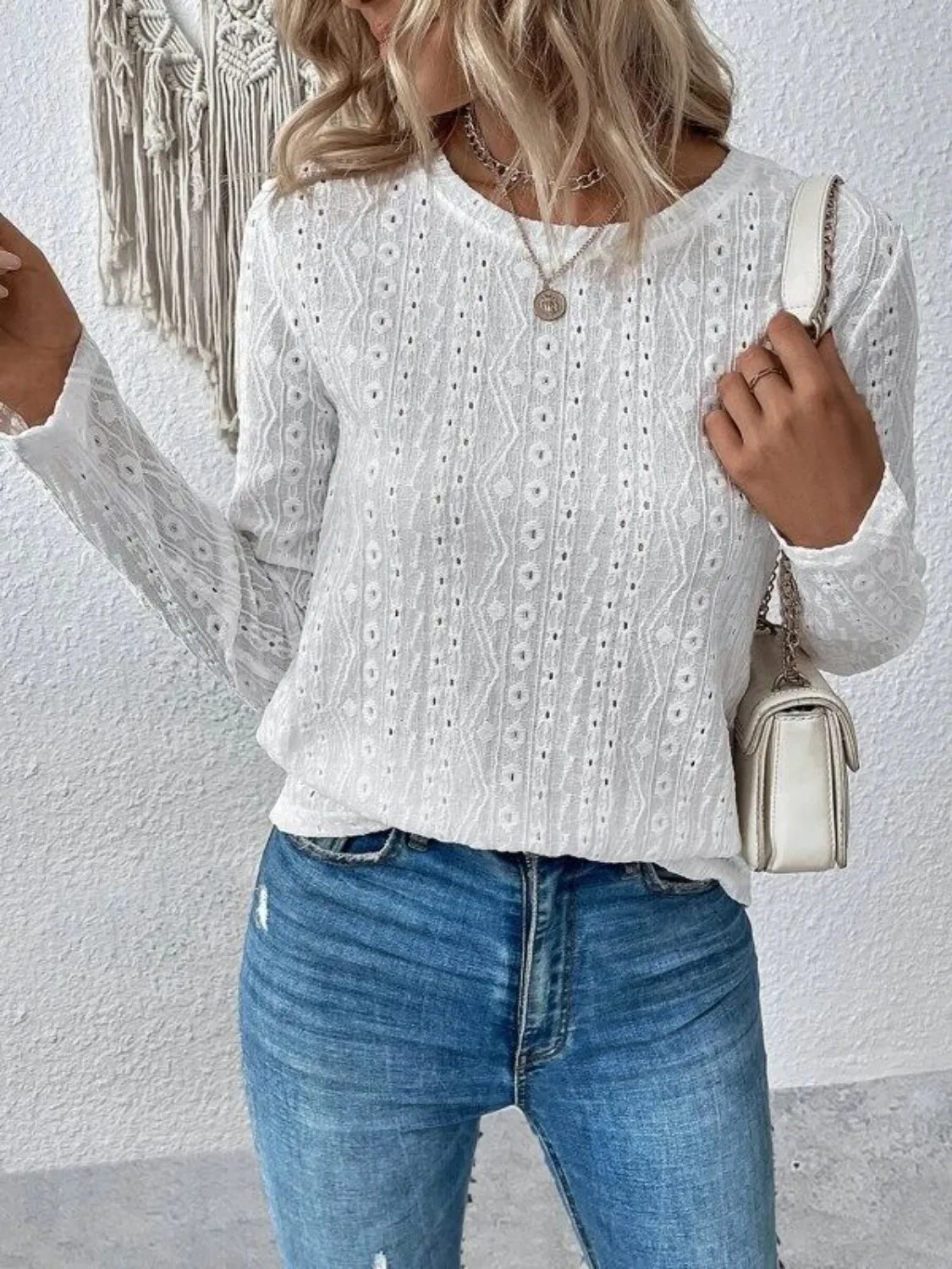 Eyelet Round Neck Long Sleeve Blouse sold by Charming Charlie product image thumbnail 3