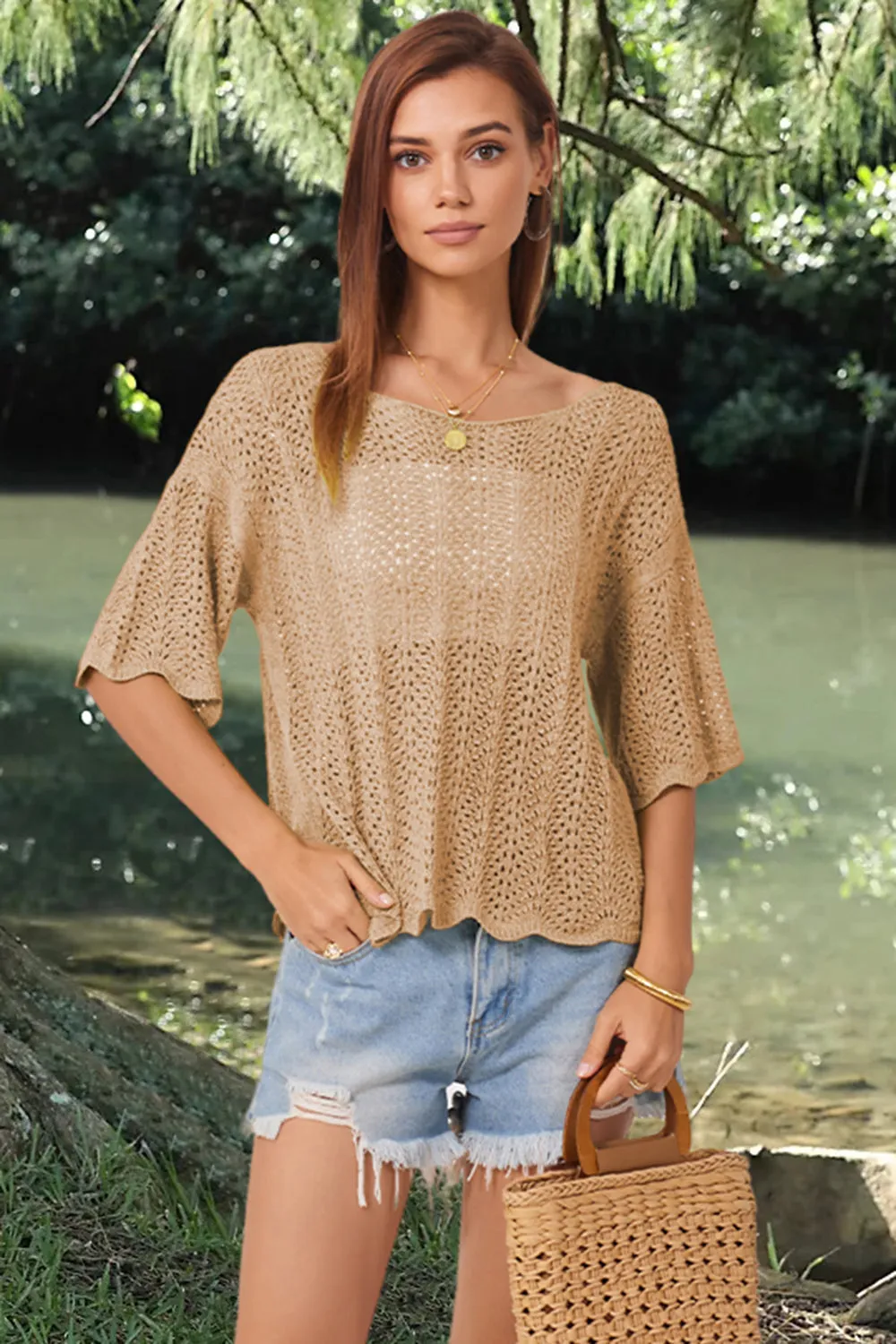 Openwork Round Neck Half Sleeve Knit Top sold by Charming Charlie