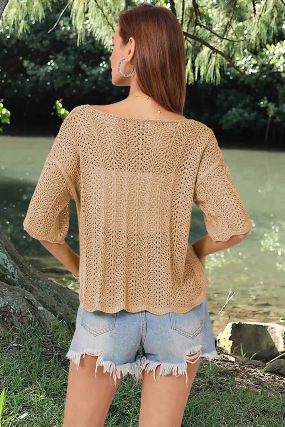 Openwork Round Neck Half Sleeve Knit Top sold by Charming Charlie product image thumbnail 2