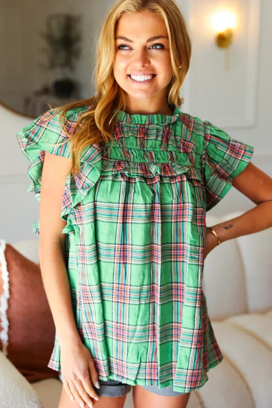 Live For Today Green Plaid Shirred Yoke Flutter Sleeve Top sold by Charming Charlie
