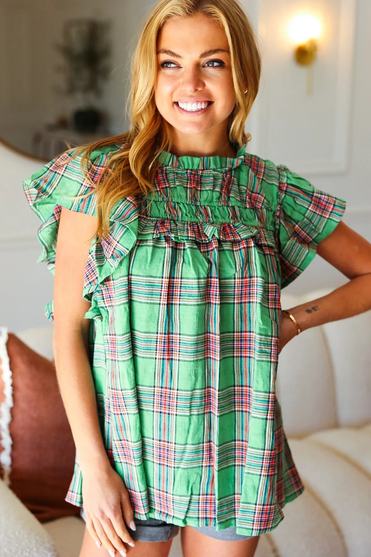 Live For Today Green Plaid Shirred Yoke Flutter Sleeve Top sold by Charming Charlie