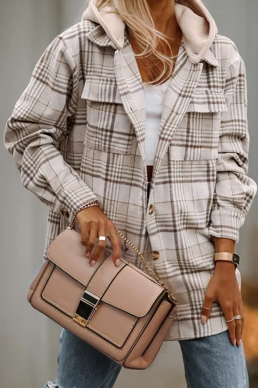Plaid Removable Hood Buttoned Shacket sold by Charming Charlie
