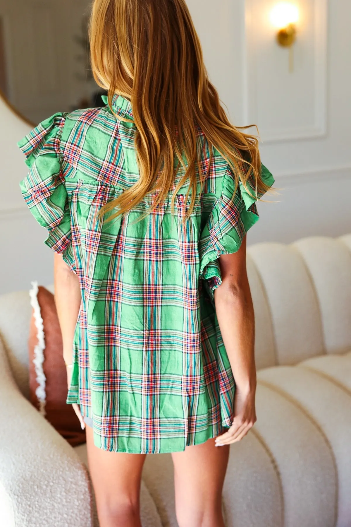 Live For Today Green Plaid Shirred Yoke Flutter Sleeve Top sold by Charming Charlie product image thumbnail 3