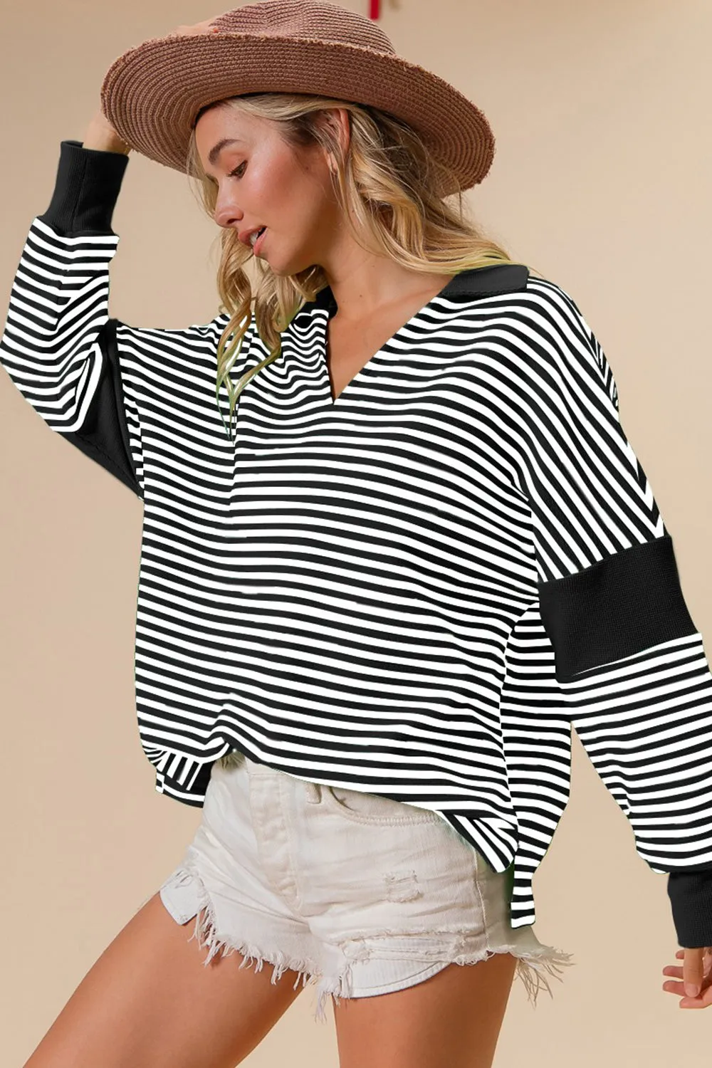 BiBi Striped Contrast Long Sleeve Knit Top sold by Charming Charlie