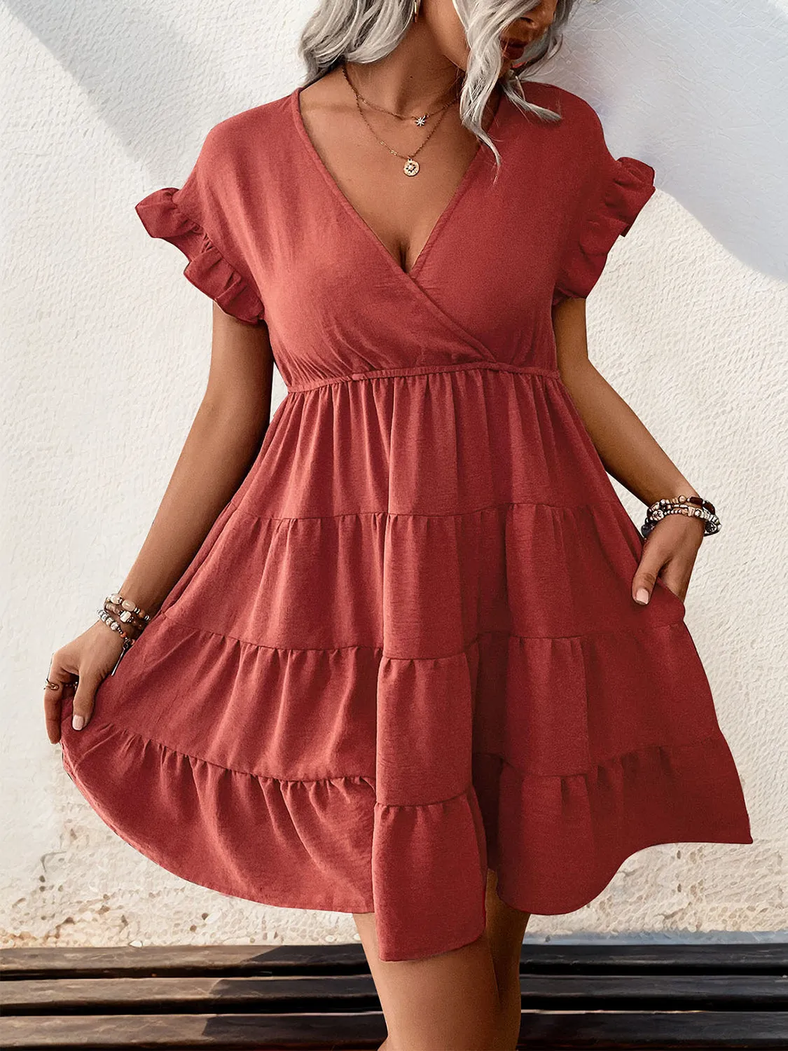 Tiered Surplice Flounce Sleeve Mini Dress sold by Charming Charlie