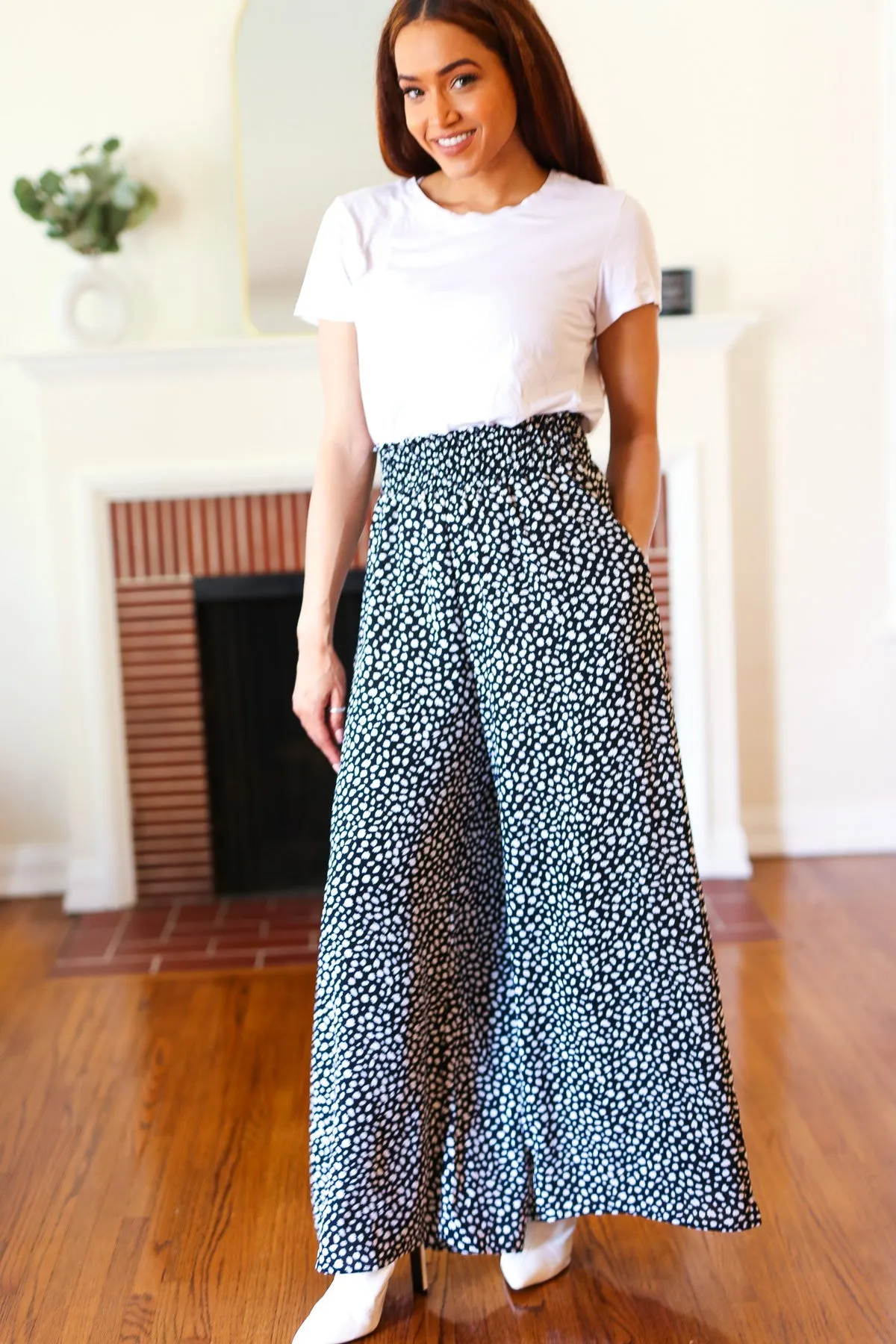 Let's Meet Up Black Animal Print Smocked Waist Palazzo Pants sold by Charming Charlie product image thumbnail 5