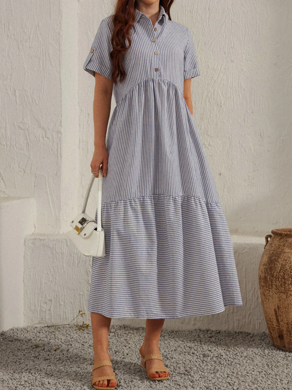 Striped Collared Neck Short Sleeve Dress sold by Charming Charlie product image thumbnail 4