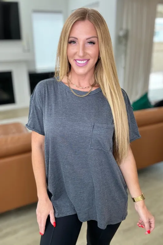 Casually Cool Patch Pocket Tee in Charcoal sold by Charming Charlie