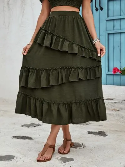 Ruffled Elastic Waist Midi Skirt sold by Charming Charlie