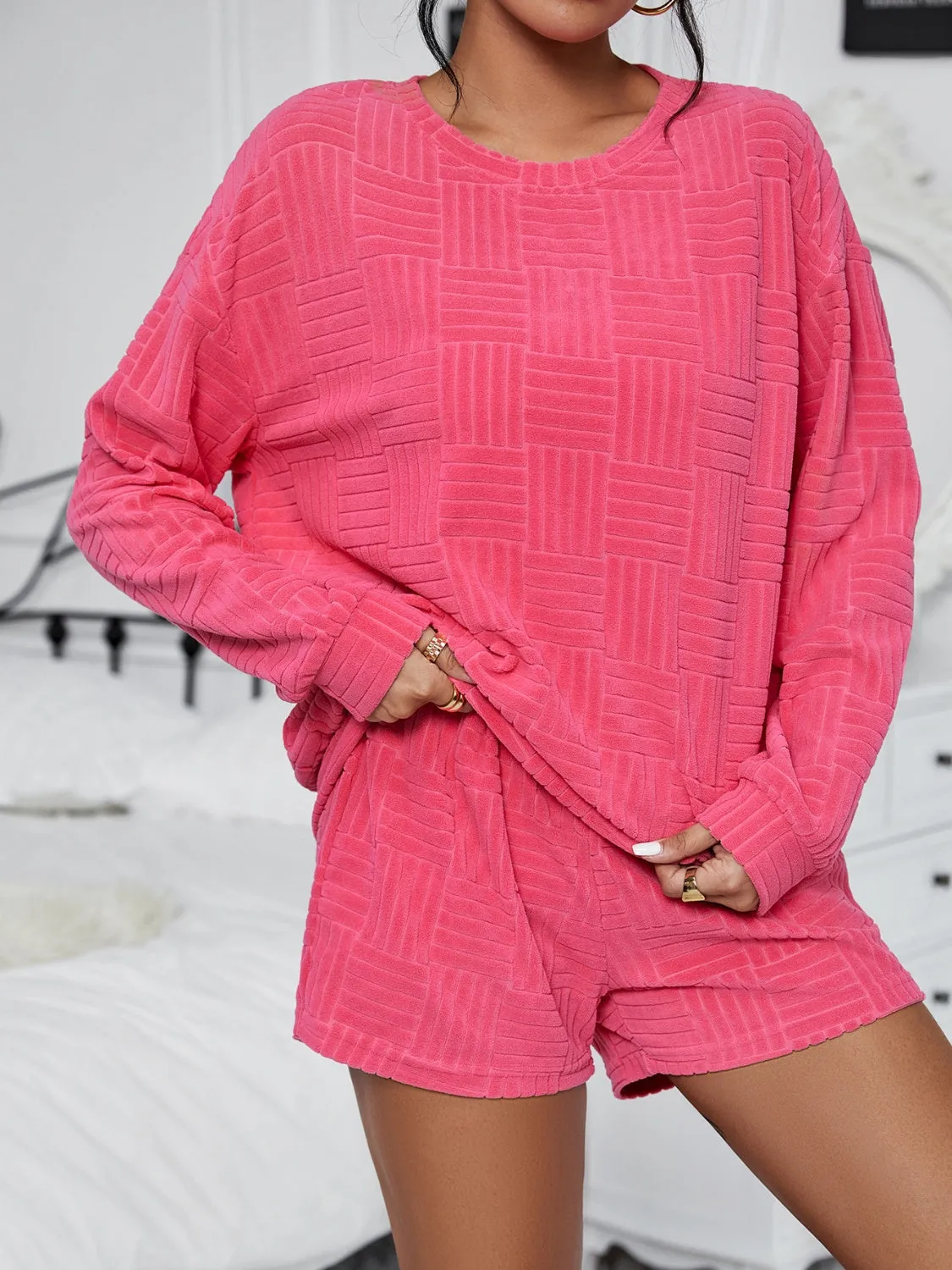 Textured Round Neck Top and Shorts Set sold by Charming Charlie product image thumbnail 5