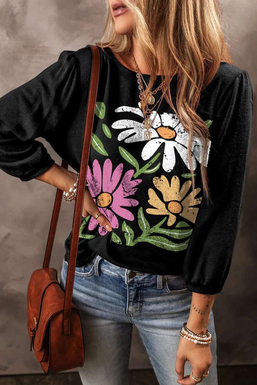Flower Graphic Round Neck Long Sleeve Top sold by Charming Charlie