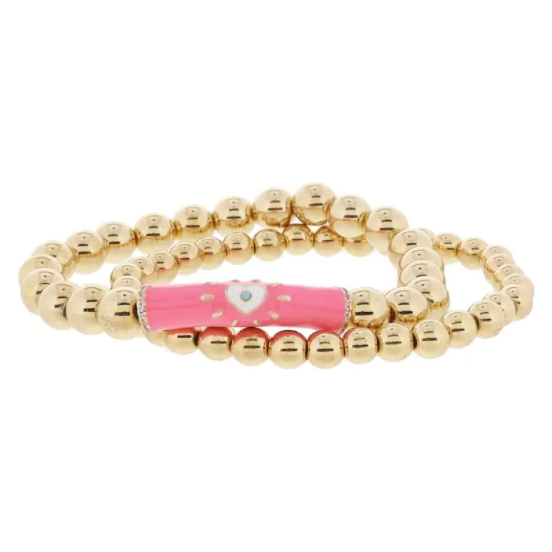 Set of 2, Gold Ball, Pink & White Heart, Mint Crystal Bar on Gold Ball Bracelet, 8" Around sold by Charming Charlie