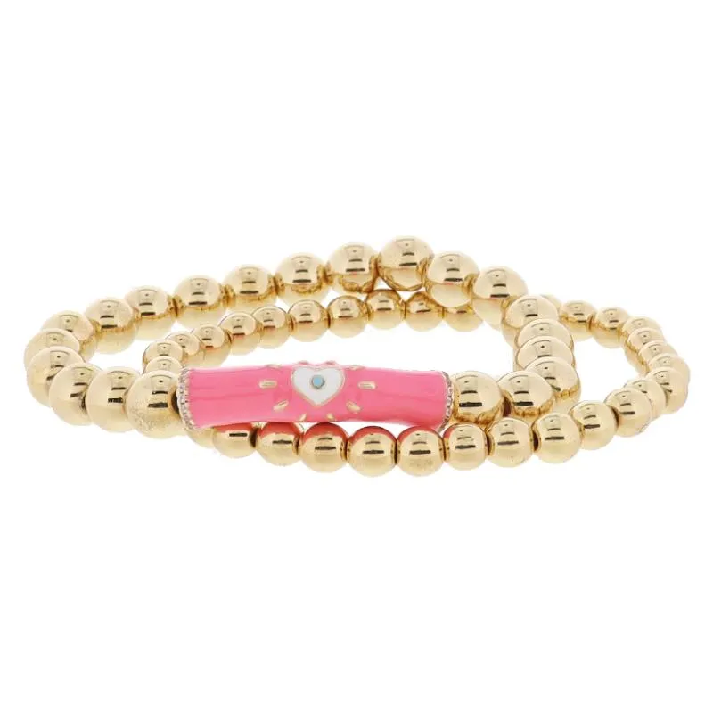 Set of 2, Gold Ball, Pink & White Heart, Mint Crystal Bar on Gold Ball Bracelet, 8" Around sold by Charming Charlie