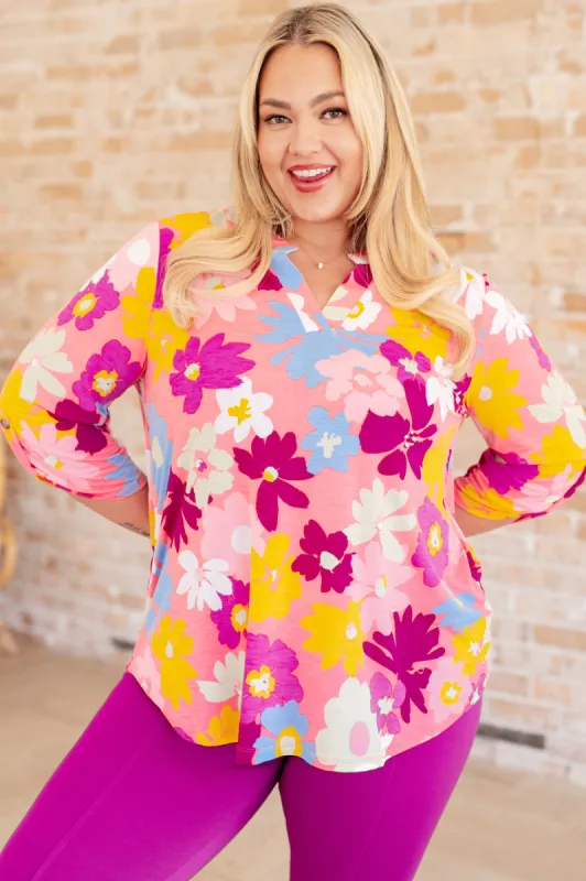 Lizzy Top in Coral and Magenta Painted Floral sold by Charming Charlie