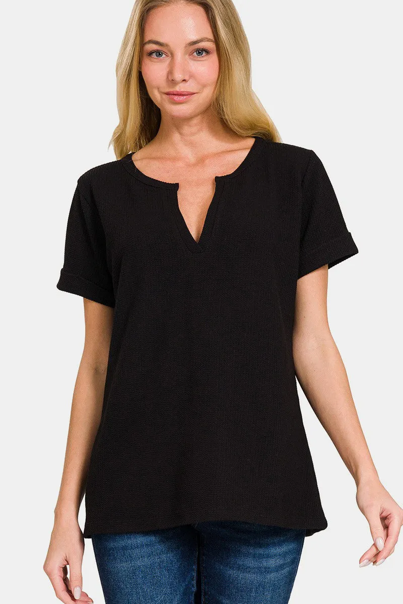 Zenana Notched Short Sleeve Waffle T-Shirt sold by Charming Charlie