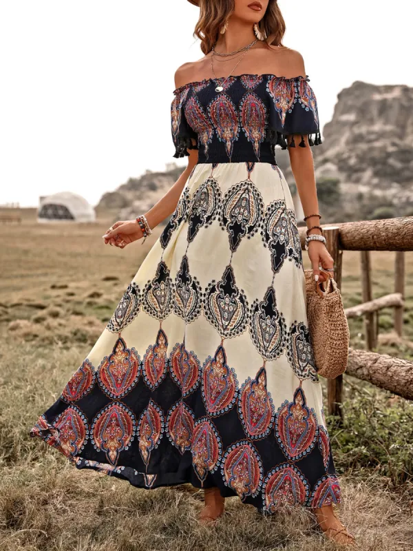Tassel Printed Off Shoulder Short Sleeve Dress sold by Charming Charlie