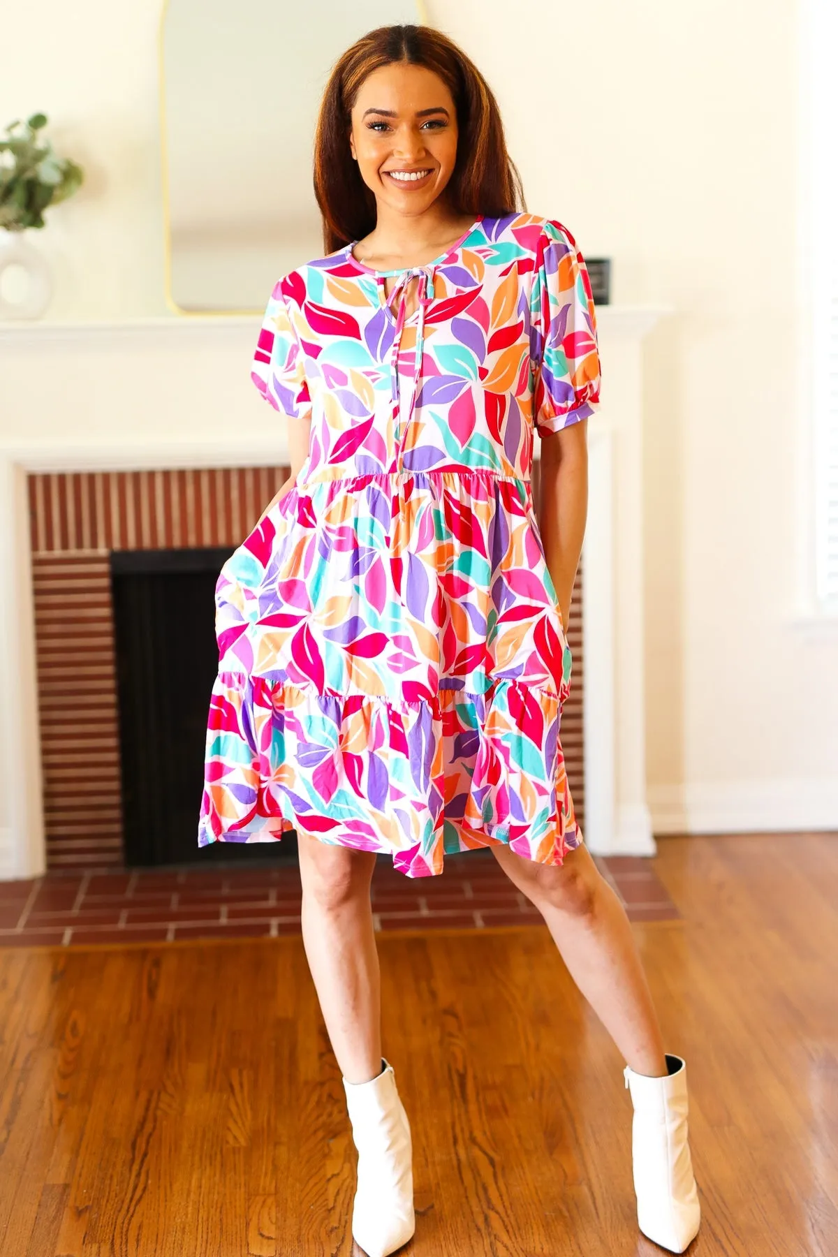 Feel Your Best Multicolor Floral Tiered Front Tie Pocketed Dress sold by Charming Charlie
