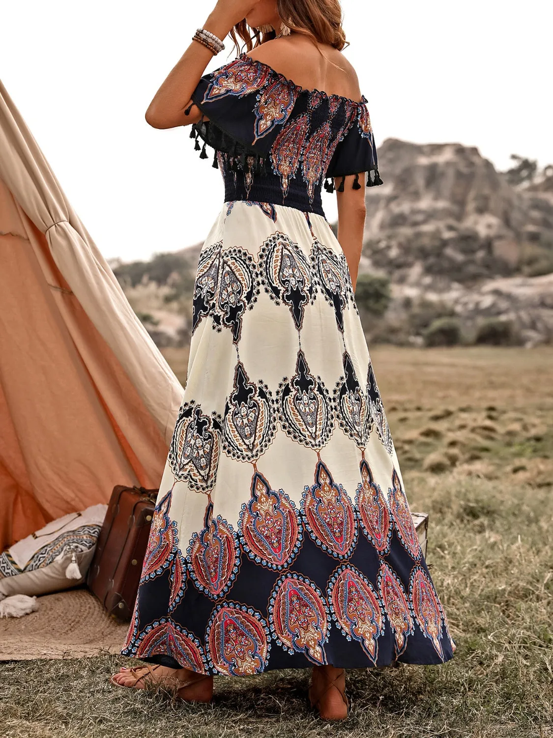 Tassel Printed Off Shoulder Short Sleeve Dress sold by Charming Charlie product image thumbnail 2