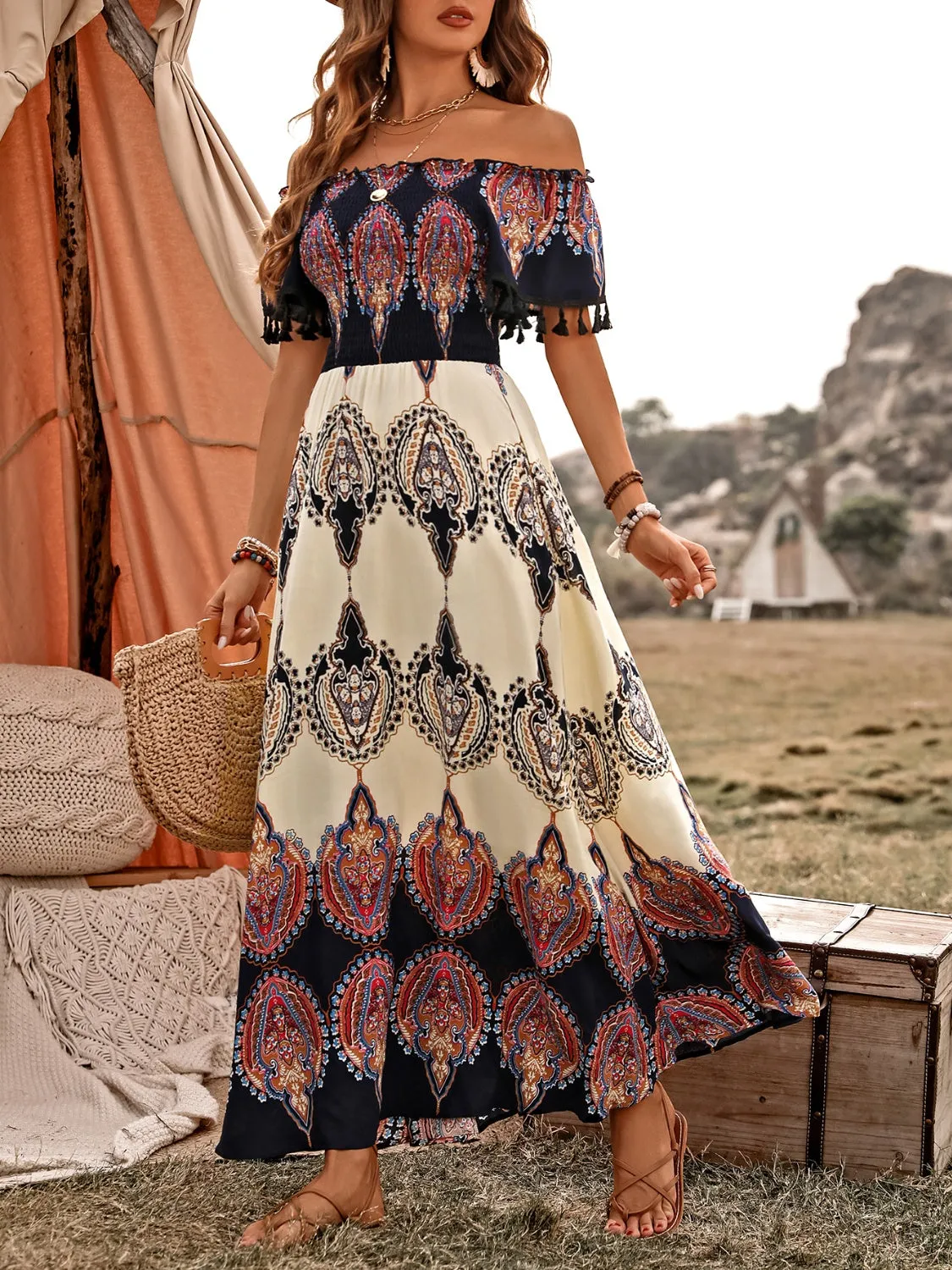 Tassel Printed Off Shoulder Short Sleeve Dress sold by Charming Charlie product image thumbnail 3