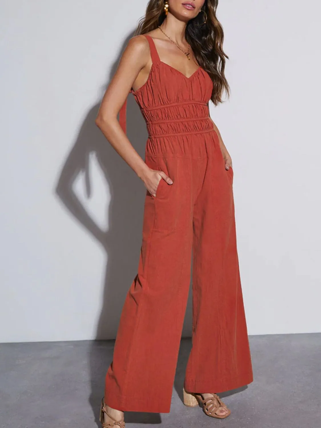 Ruched Wide Strap Jumpsuit with Pockets sold by Charming Charlie
