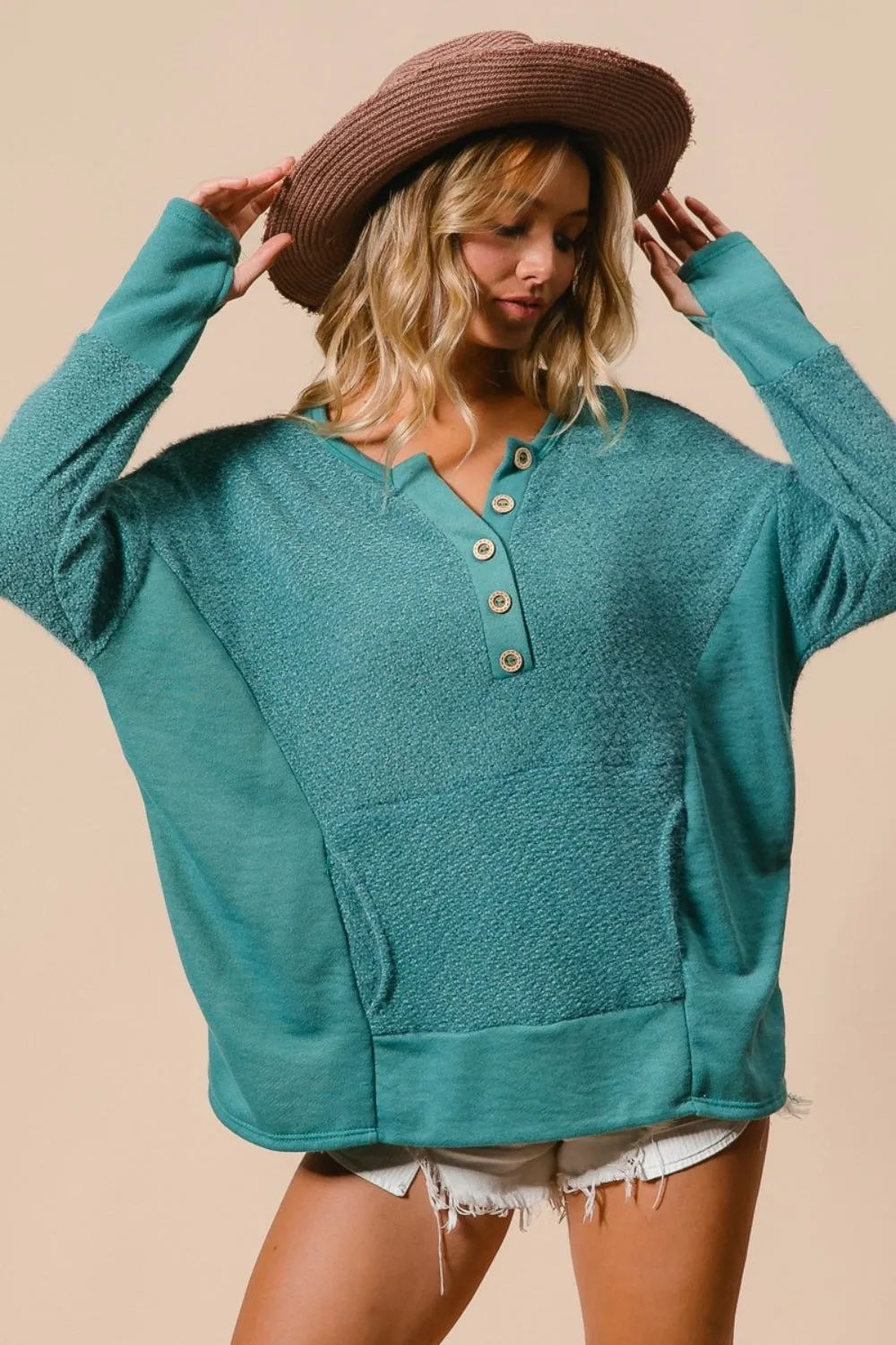 BiBi Thumb Opening Long Sleeve Top with Kangaroo Pocket sold by Charming Charlie product image thumbnail 4