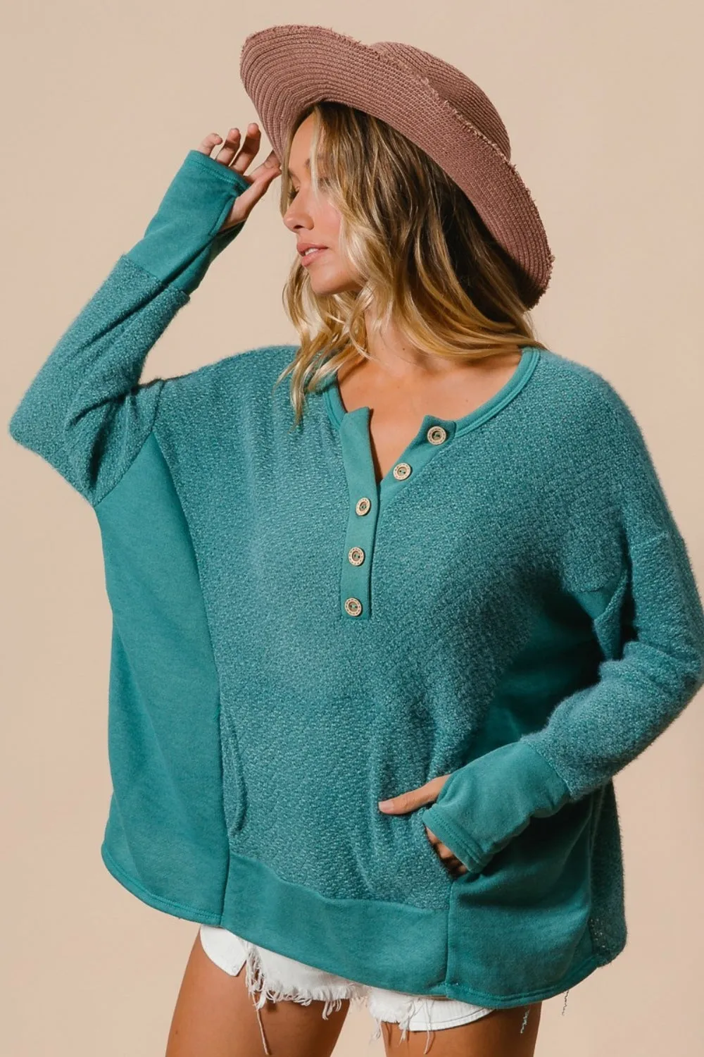 BiBi Thumb Opening Long Sleeve Top with Kangaroo Pocket sold by Charming Charlie product image thumbnail 2