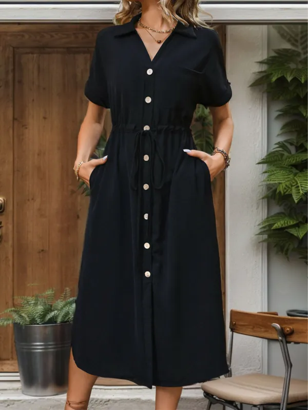 Slit Drawstring Button Up Short Sleeve Midi Dress sold by Charming Charlie