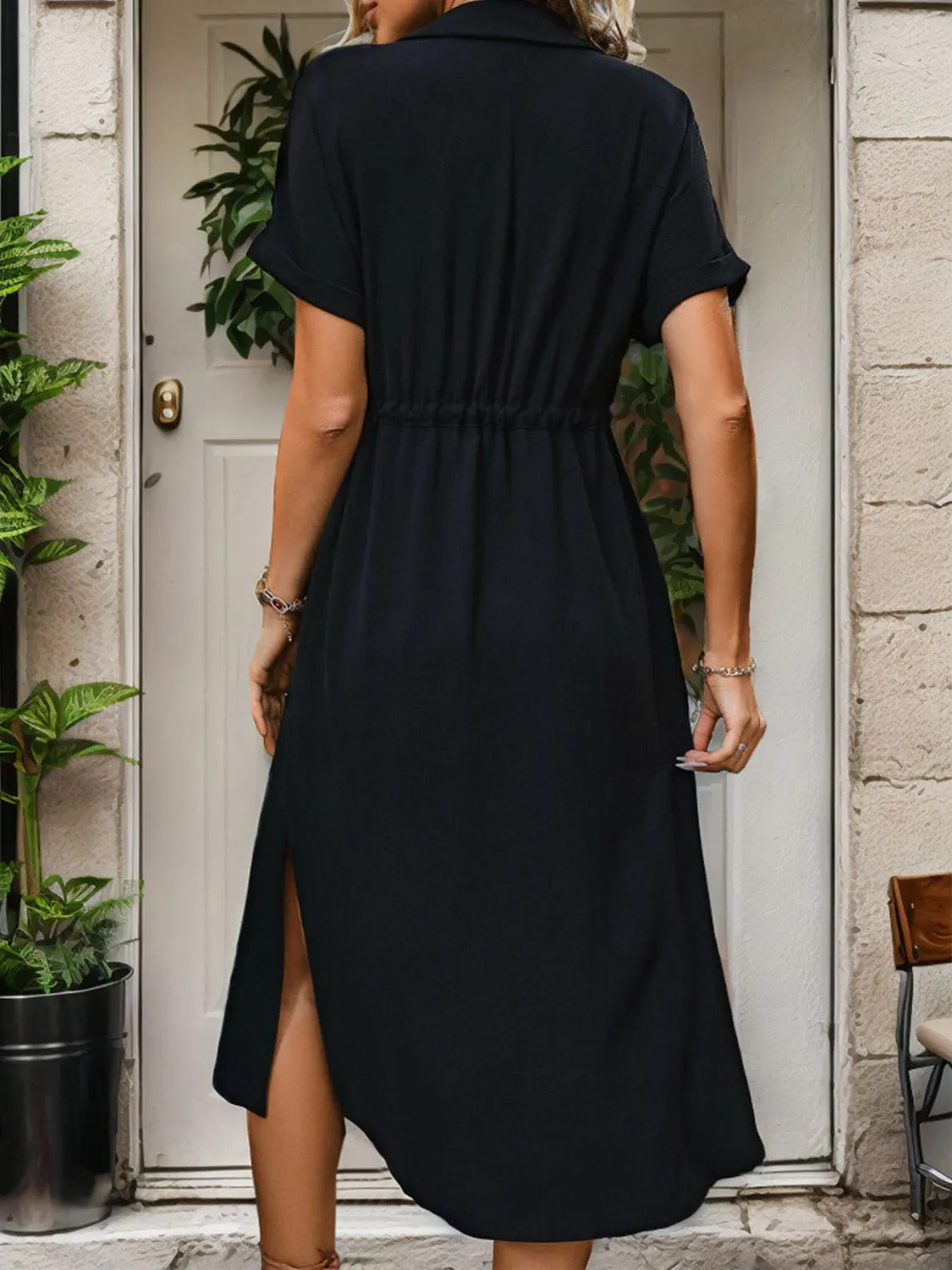 Slit Drawstring Button Up Short Sleeve Midi Dress sold by Charming Charlie product image thumbnail 2