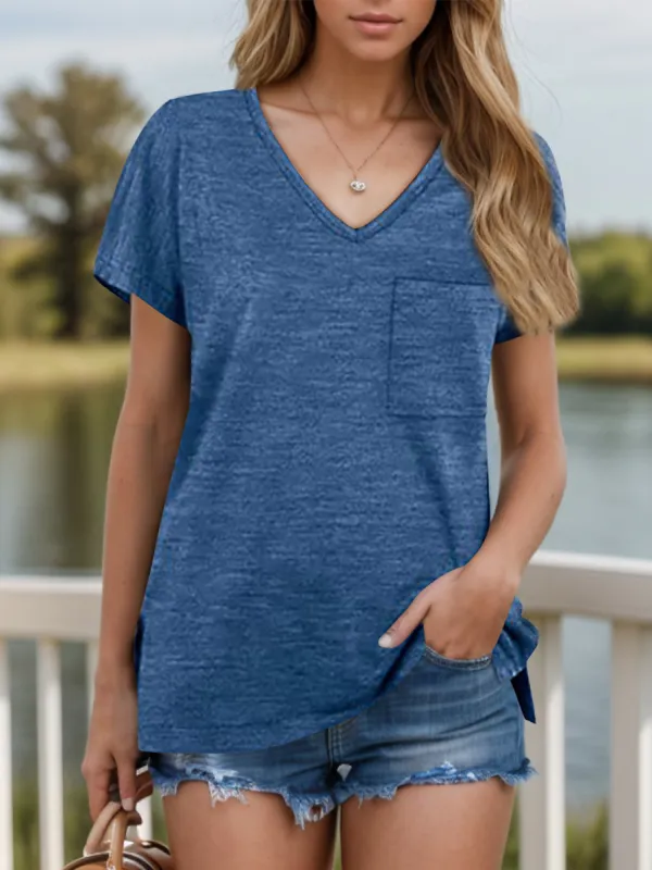 Pocketed Heathered V-Neck Short Sleeve T-Shirt sold by Charming Charlie