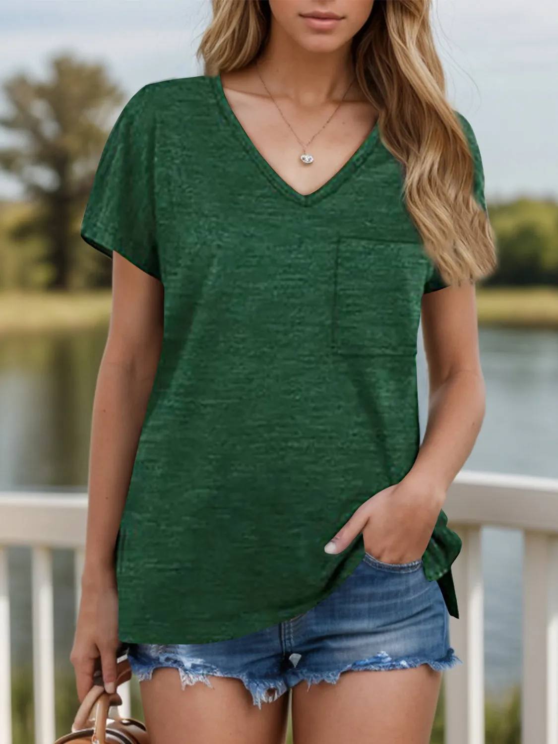 Pocketed Heathered V-Neck Short Sleeve T-Shirt sold by Charming Charlie product image thumbnail 5
