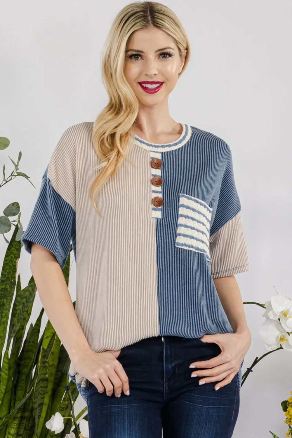 Celeste Full Size Rib Contrast Short Sleeve T-Shirt sold by Charming Charlie