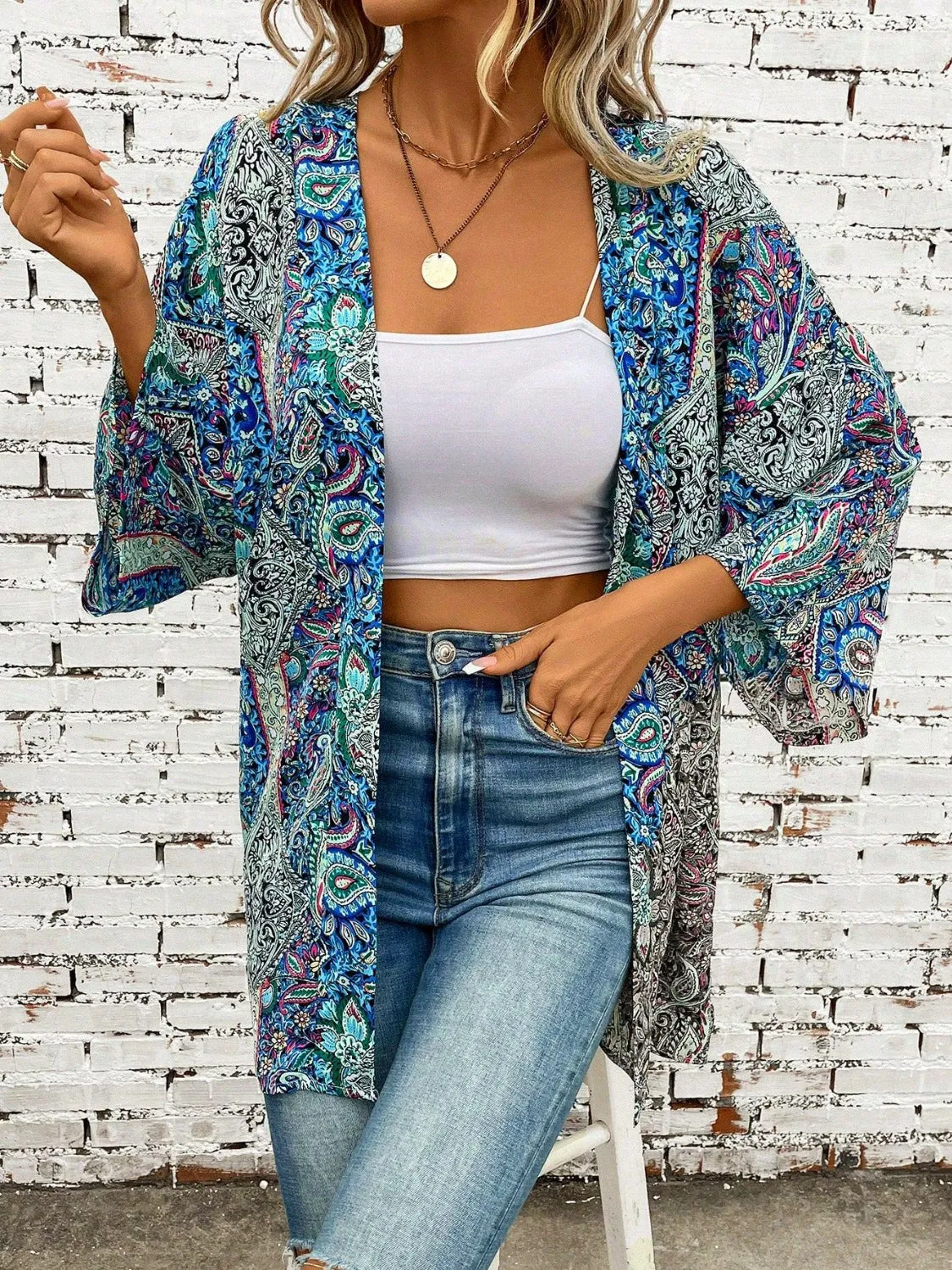 Printed Open Front Three-Quarter Sleeve Cover Up sold by Charming Charlie product image thumbnail 4