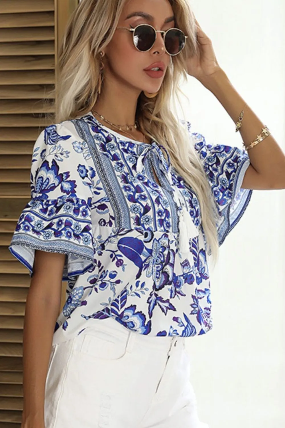 Printed Buttoned Flounce Sleeve Blouse sold by Charming Charlie product image thumbnail 3