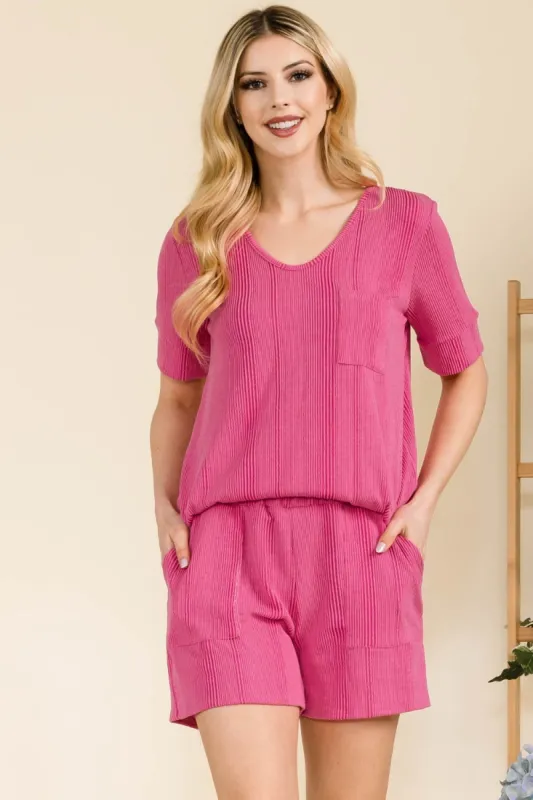 Celeste Full Size Rib Short Sleeve T-Shirt and Shorts Set sold by Charming Charlie