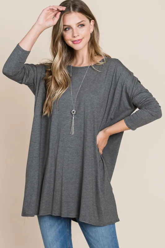 BOMBOM Round Neck Long Sleeve Oversized Top sold by Charming Charlie
