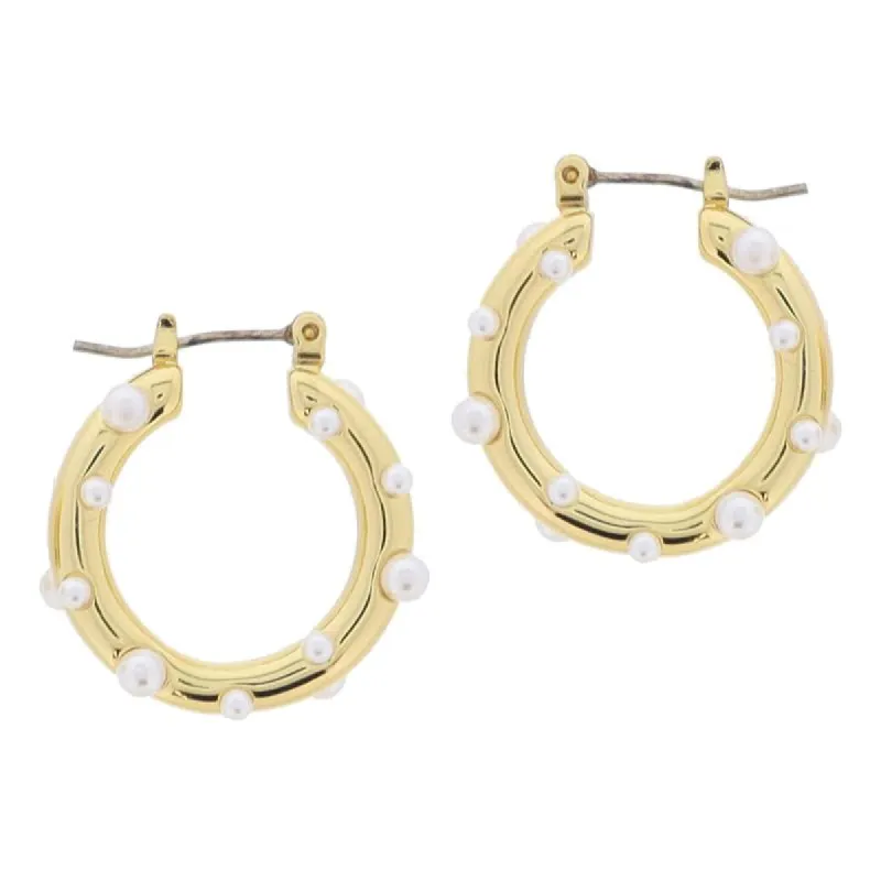 18K Gold Plated Tubular Hoop with Multi Pearl Embellishments Earrings, 1" Top to Bottom sold by Charming Charlie
