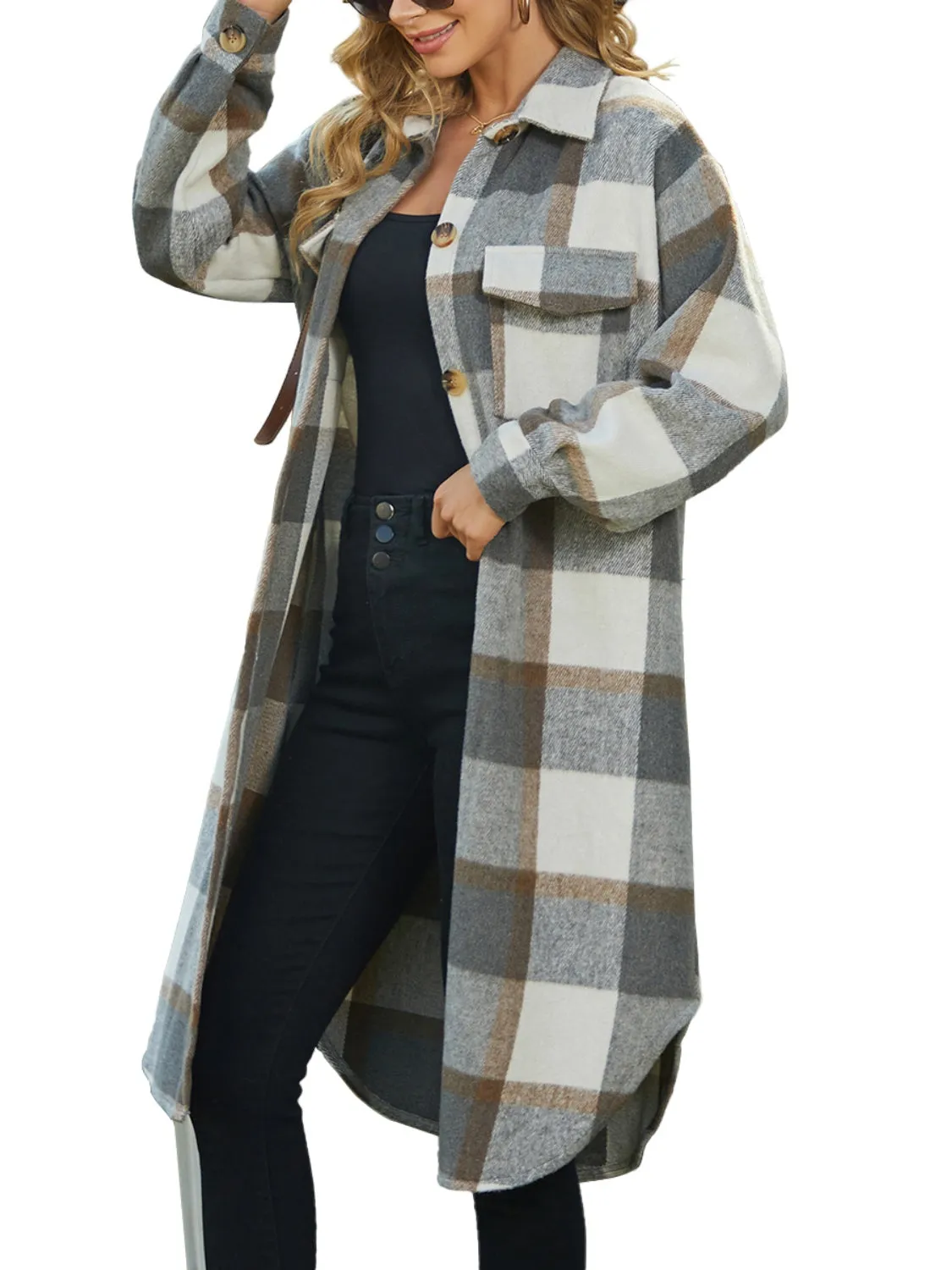 Plaid Collared Neck Long Sleeve Longline Jacket sold by Charming Charlie product image thumbnail 4
