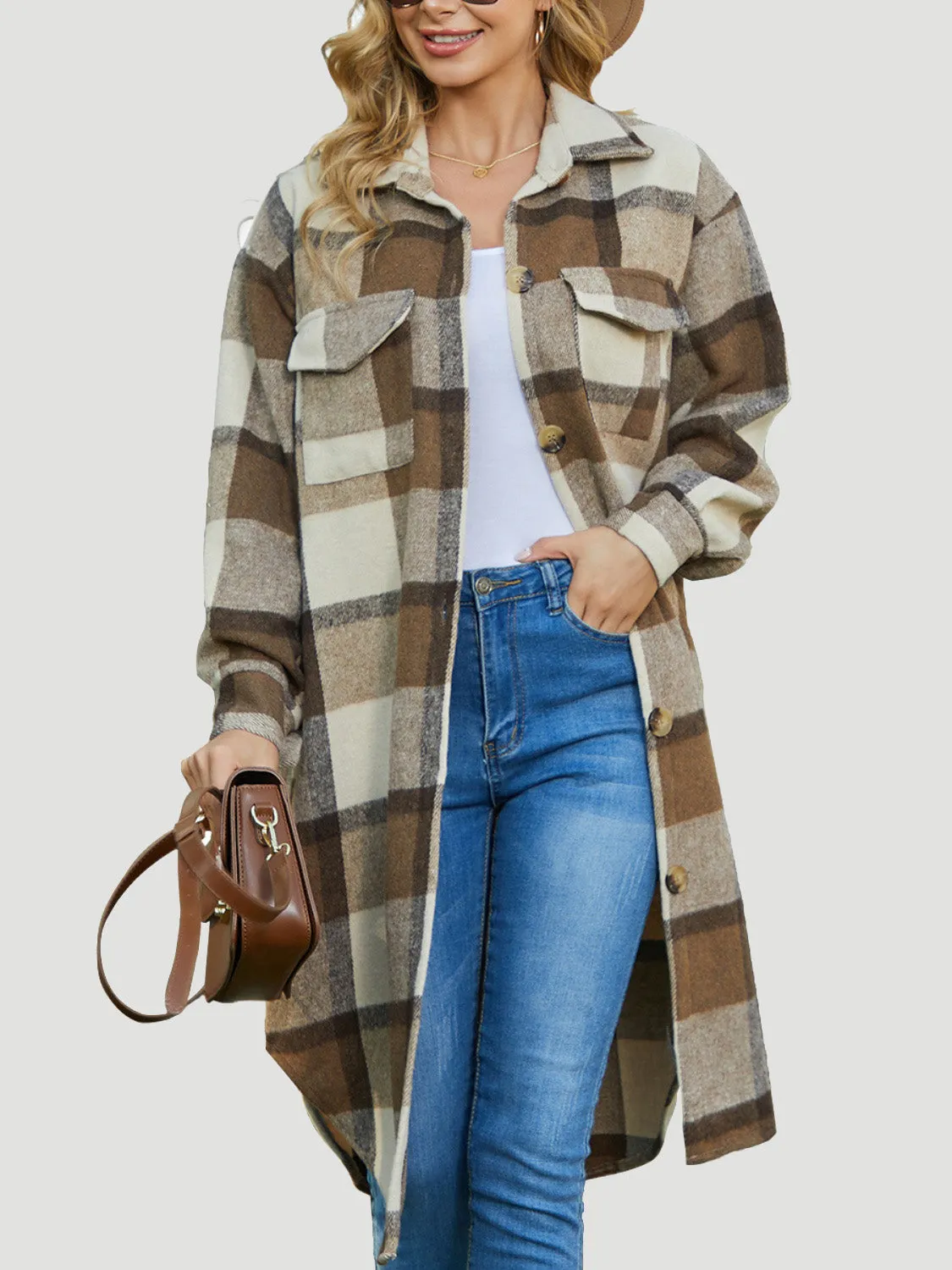 Plaid Collared Neck Long Sleeve Longline Jacket sold by Charming Charlie