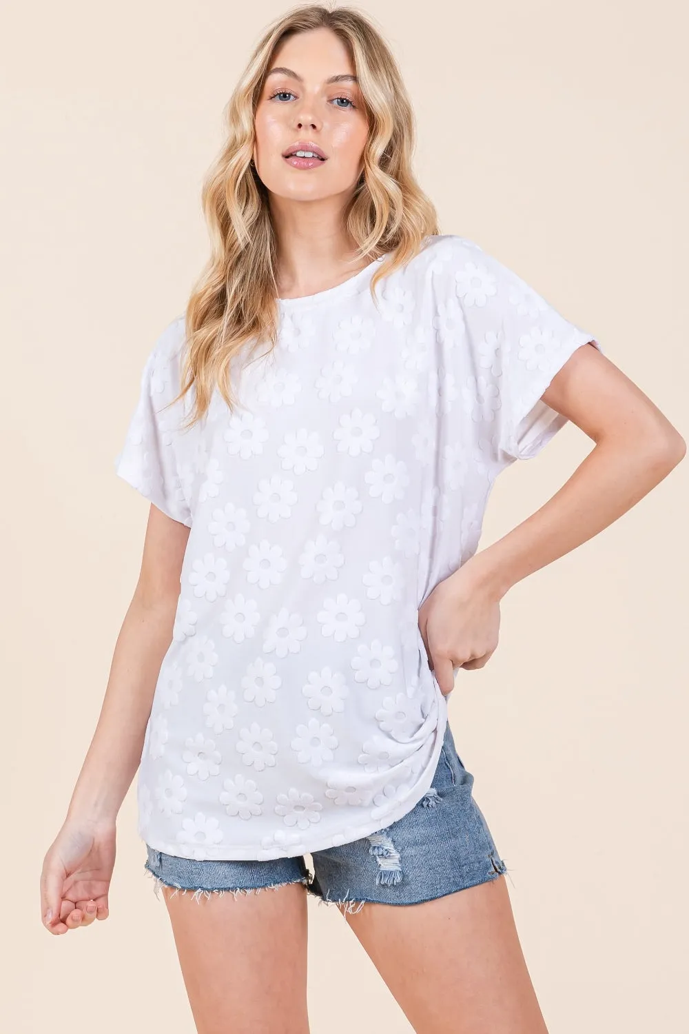 BOMBOM Floral Textured Short Sleeve T-Shirt sold by Charming Charlie
