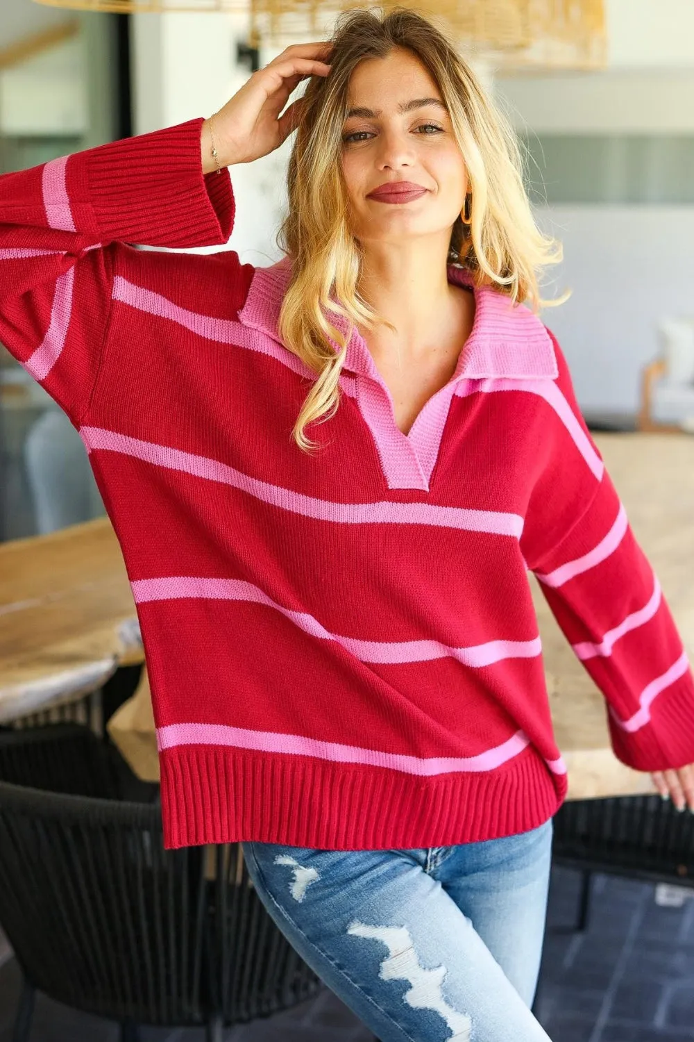 Haptics Collared Neck Striped Contrast Sweater sold by Charming Charlie product image thumbnail 3