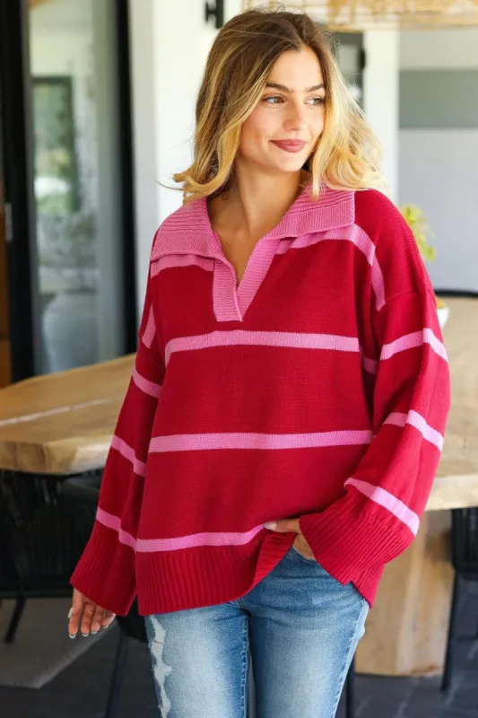 Haptics Collared Neck Striped Contrast Sweater sold by Charming Charlie